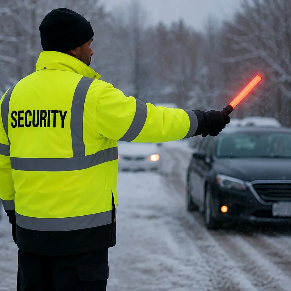 High visibility security officer directing winter traffic