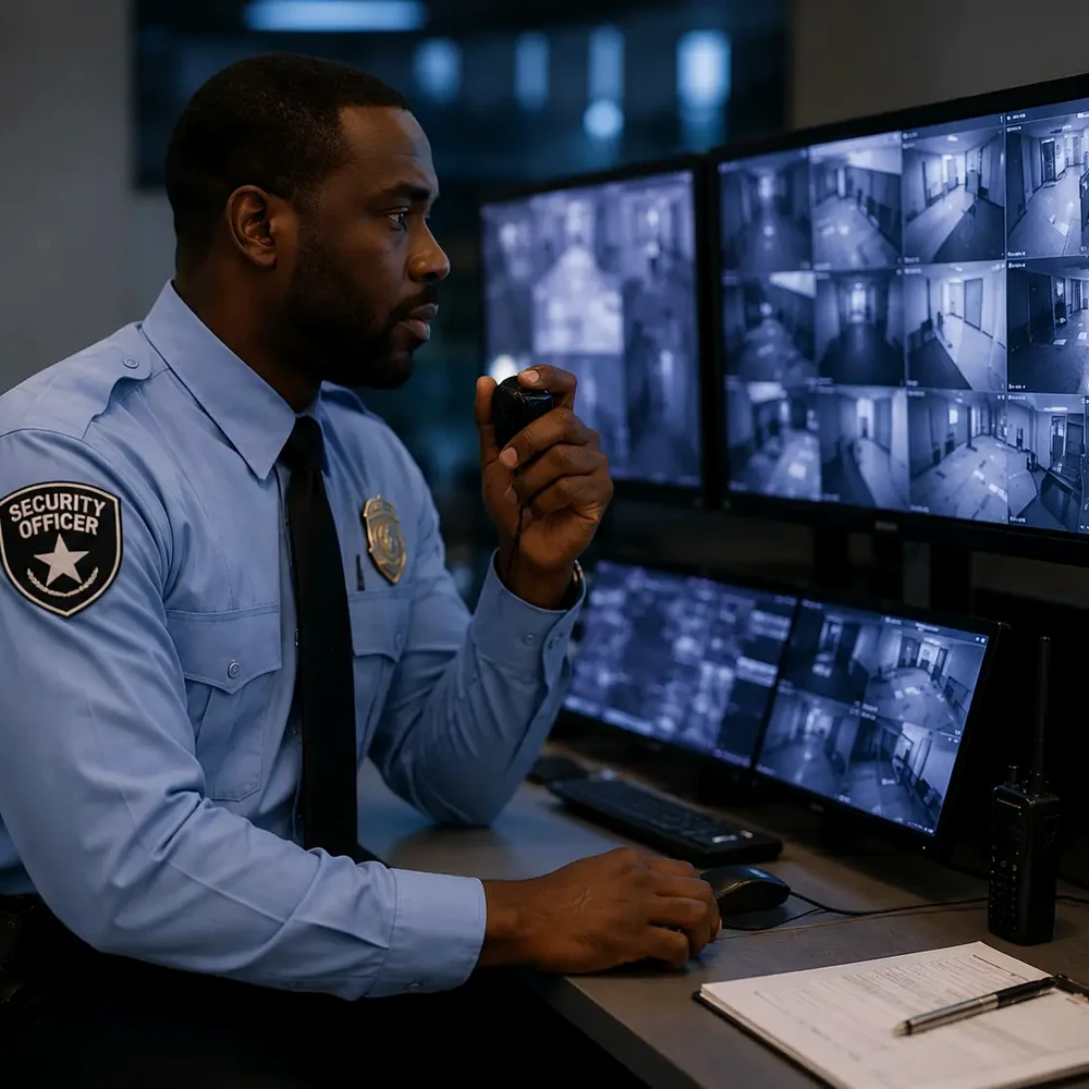 Security officer in control room with CCTV monitors